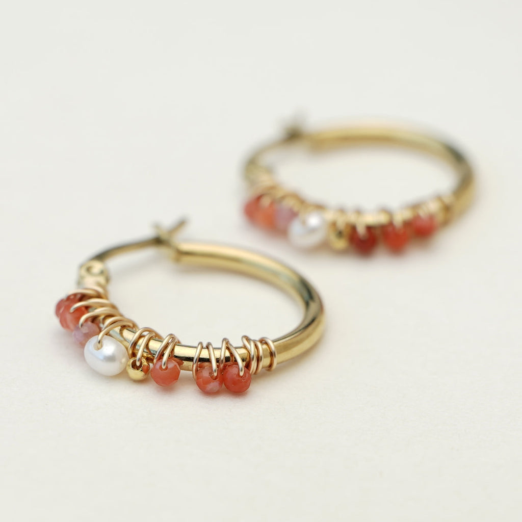 Muja-Juma-earrings-hoops-beads-red-agate-stainless-steel-gold