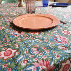 tablecloth blockprint green hibiscus Curiosity Lab 180x180cm